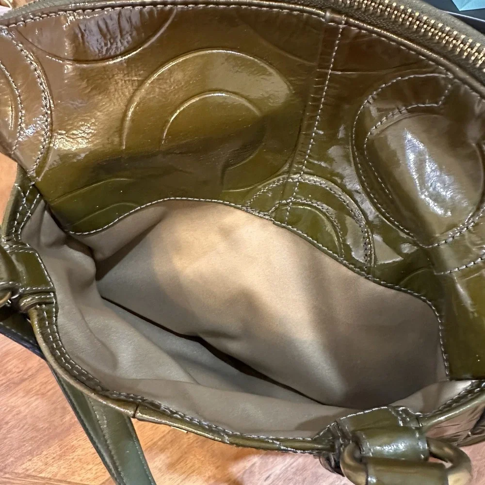 Coach Olive Green Op Art Embossed Patent Leather Madison Satchel Tote Bag